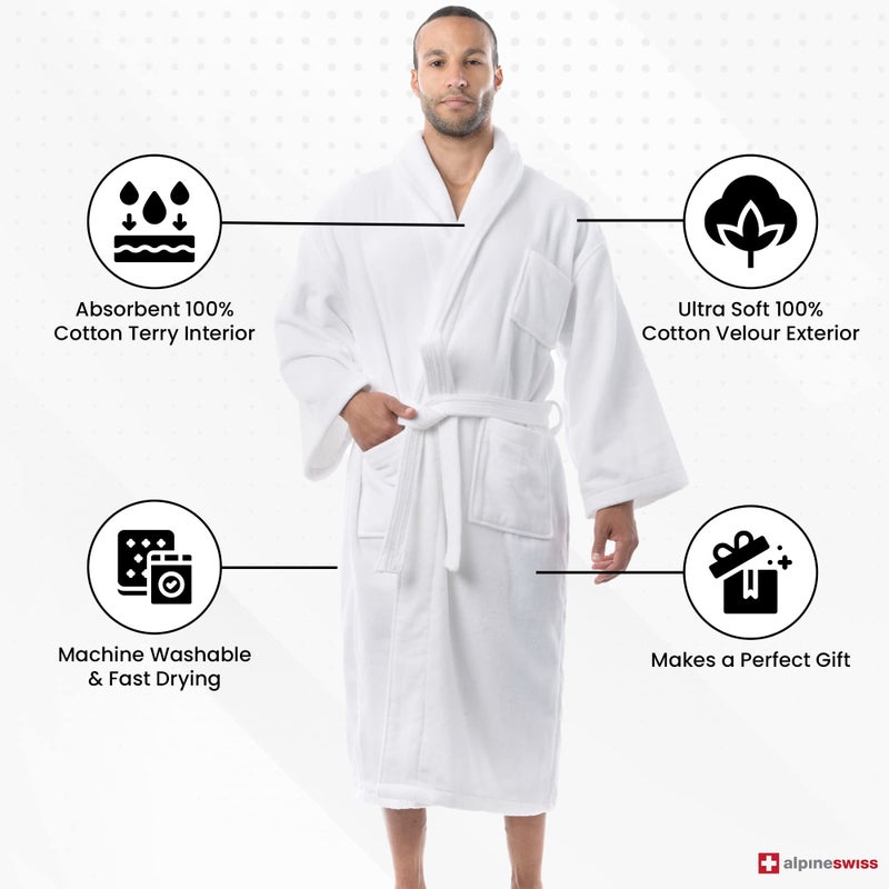 Alpine Swiss Pure Cotton Mens Terry Cloth Bathrobe Super Absorbent Spa Robe WHT ML - Image 3